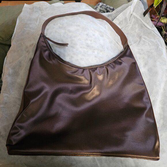 Hush | Gorgeous Satin Chocolate Brown Scoop Tote Bag - Like New! - Picture 2 of 15